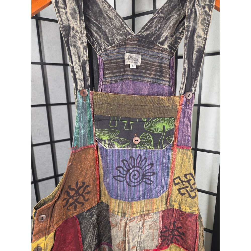 Rhea Patchwork Overalls Womens Boho Corduroy Sun Mushroom Print Multi Color - Picture 4 of 7